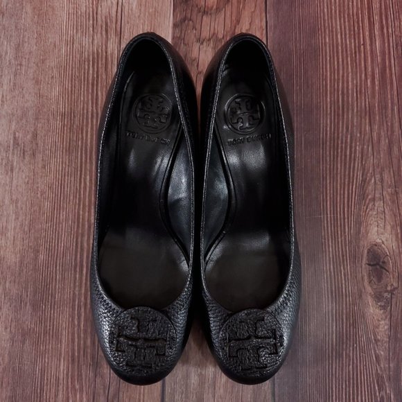 Tory Burch Logo Black Wedge Shoes- size 8 - Picture 6 of 16